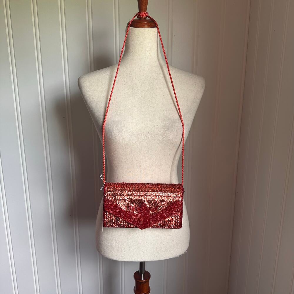 Vintage Red Beaded Sequined Crossbody Purse